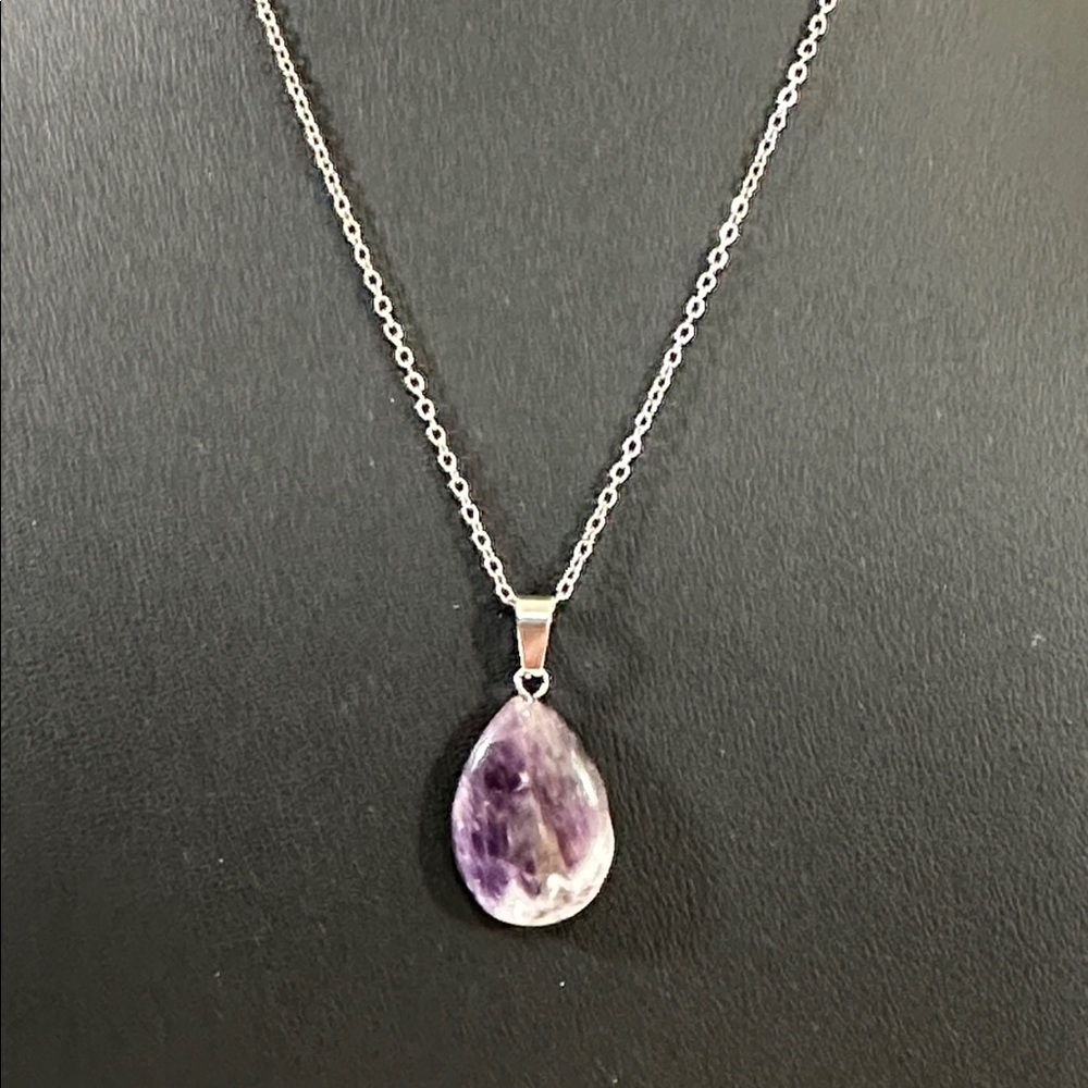 Amethyst Teardrop Natural Stone Pendant With Silvertone Bale Necklace